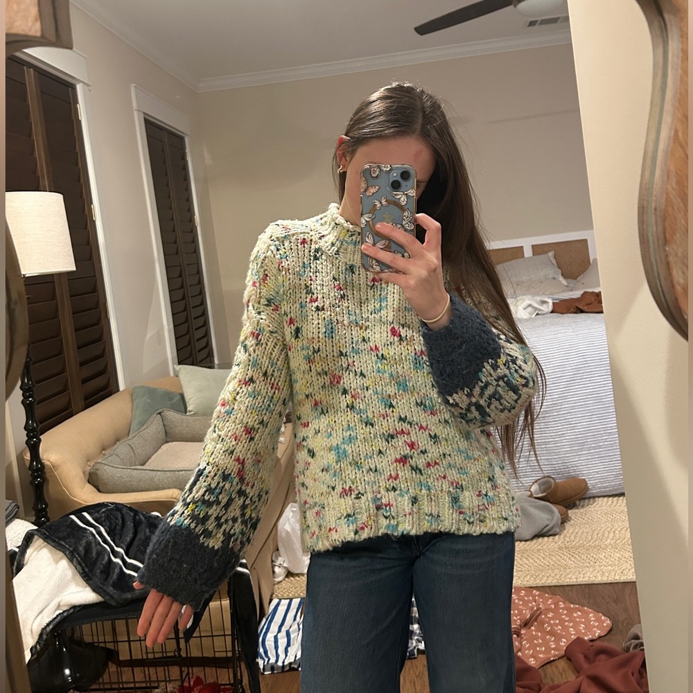 Anthropologie Cream and Blue Knit Sweater
